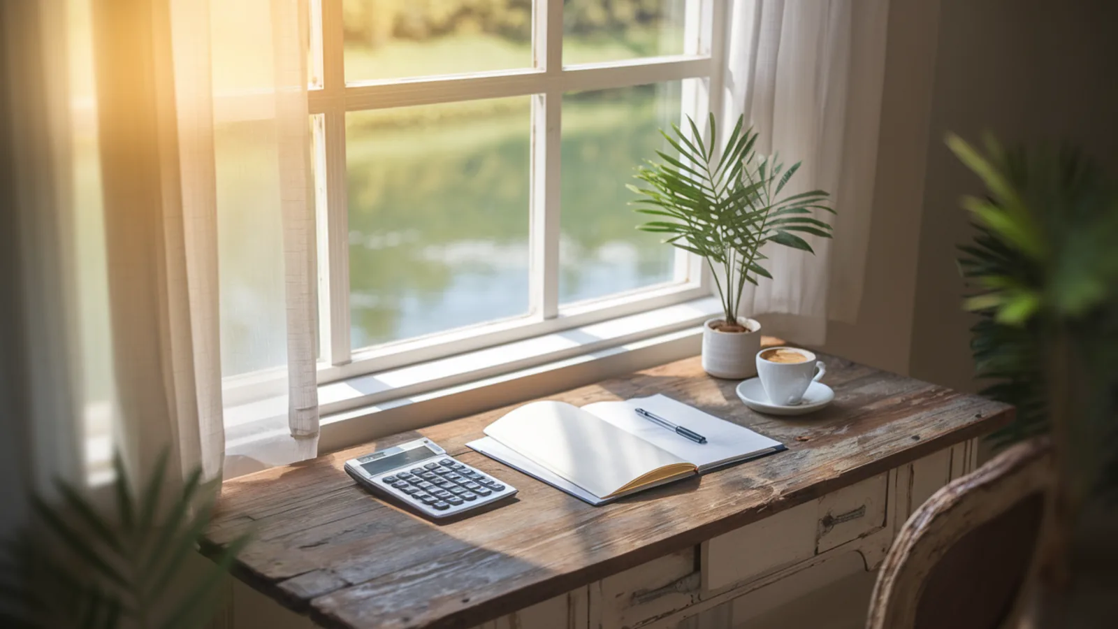 A notebook, calculator, and coffee on a wooden desk by a window looking out at a green Florida riverside