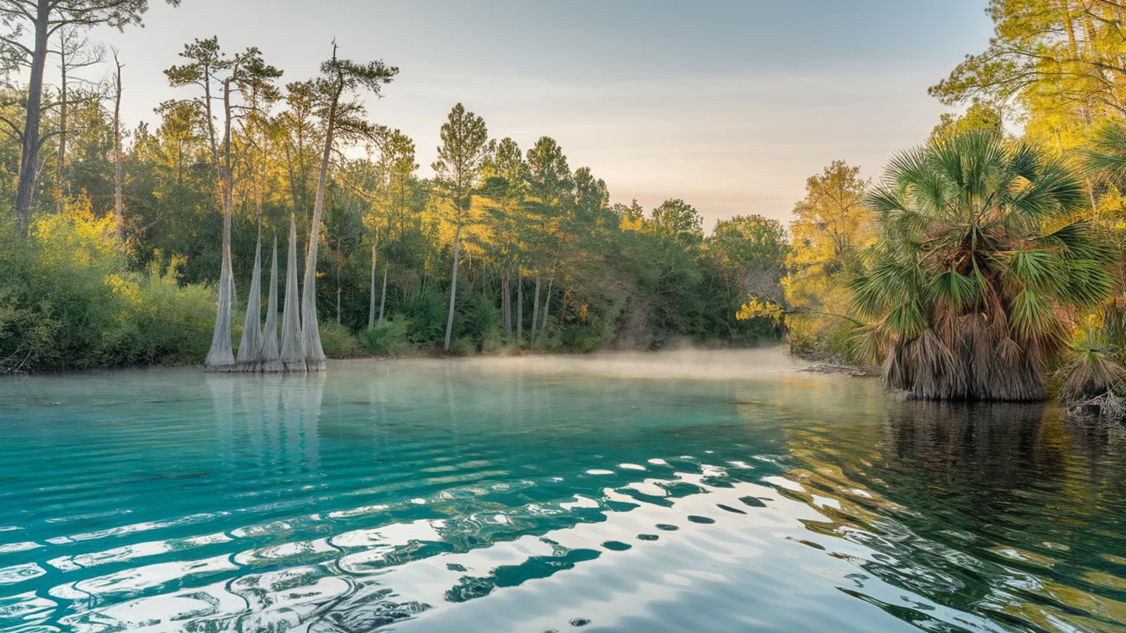 Crystal clear North Central Florida spring fed river at golden morning light