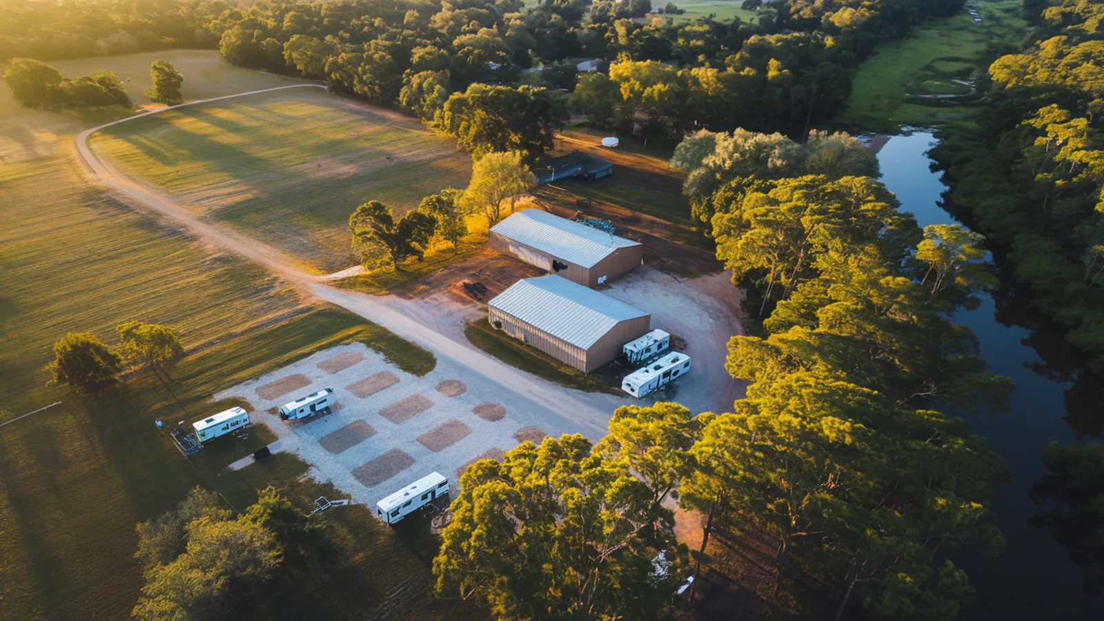 Aerial view of a rural North Central Florida property with open acreage and a small RV park near a river bend