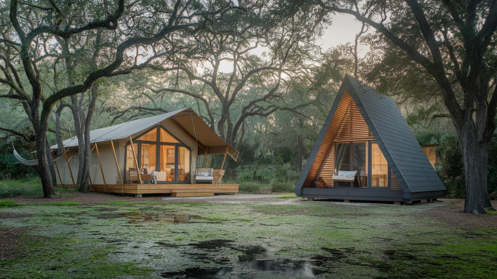 Upscale glamping cabins and safari tents in a North Florida oak forest near a spring